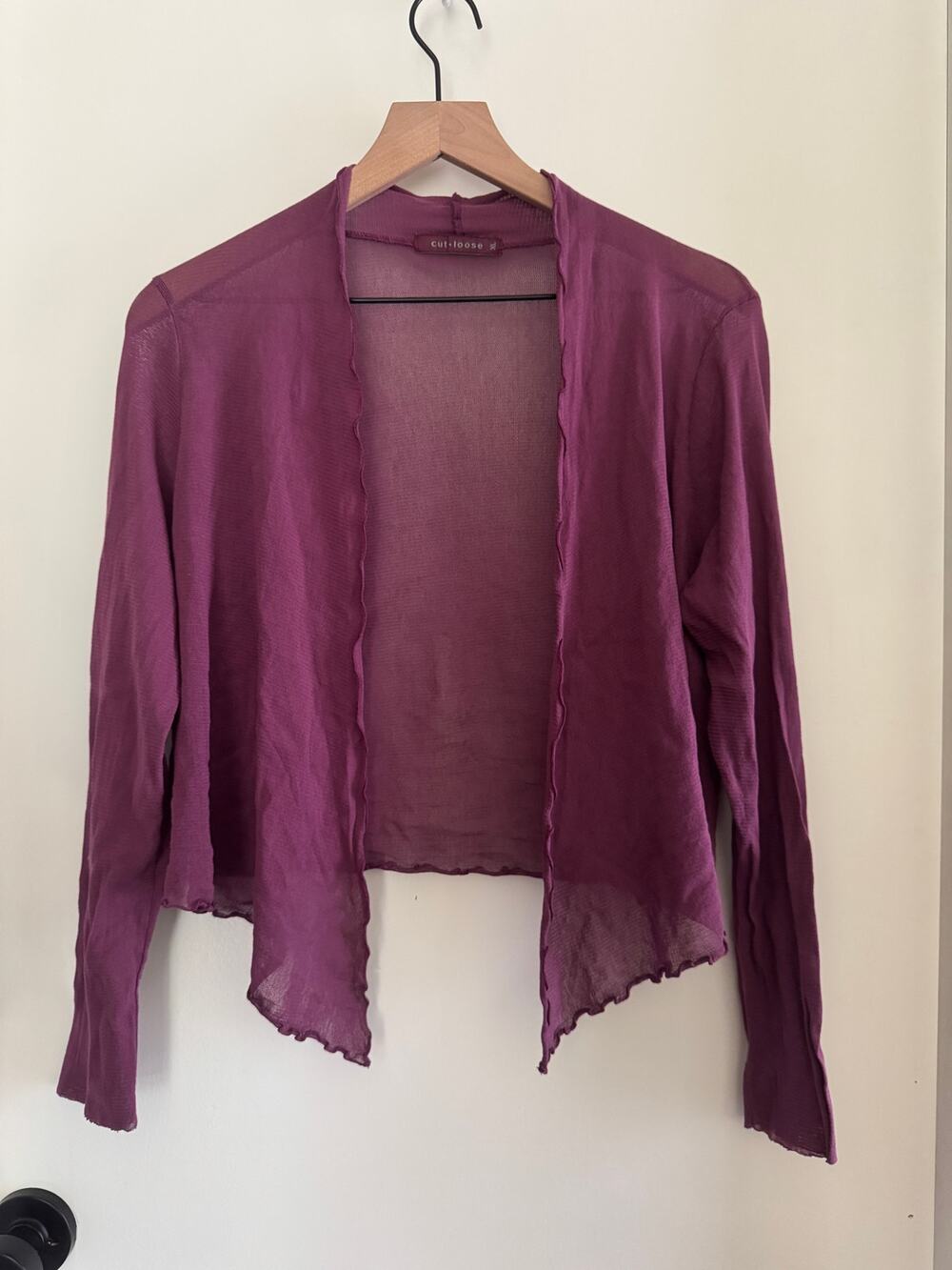 CUT LOOSE purple cotton mesh sheer open cropped cardigan XL